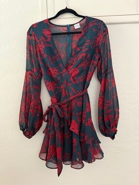 Selfie Leslie Navy and Red Floral Long Sleeve Wrap Dress